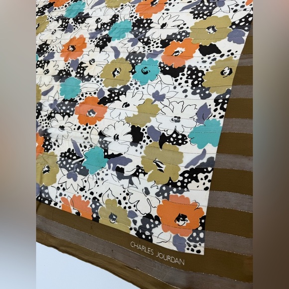 Charles Jourdan Vintage Silk Tan and Brown Scarf with Floral Motifs - Picture 1 of 7